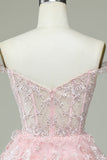 Cute A Line Off the Shoulder Pink Corset Graduation Dress with Lace