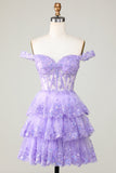 Princess A Line Purple Corset Tiered Short Graduation Dress with Lace