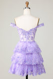 Princess A Line Purple Corset Tiered Short Graduation Dress with Lace