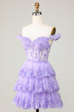 Princess A Line Purple Corset Tiered Short Graduation Dress with Lace