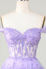 Load image into Gallery viewer, Princess A Line Purple Corset Tiered Short Graduation Dress with Lace