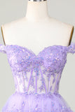 Princess A Line Purple Corset Tiered Short Graduation Dress with Lace