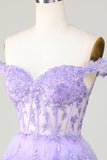 Princess A Line Purple Corset Tiered Short Graduation Dress with Lace