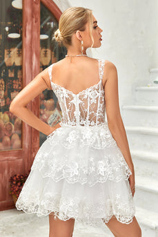 Princess A Line White Corset Tiered Short Graduation Dress with Lace