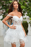 Princess A Line White Corset Tiered Short Graduation Dress with Lace