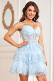 A Line Off the Shoulder Blue Corset Graduation Dress with Lace