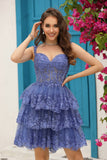 A Line Off the Shoulder Blue Corset Graduation Dress with Lace