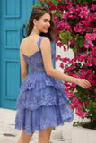 A Line Off the Shoulder Blue Corset Graduation Dress with Lace