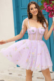 Lavender Corset Embroidery Short Graduation Dress