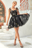 A Line Spaghetti Straps Black Short Graduation Dress with Appliques