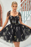 A Line Spaghetti Straps Black Short Graduation Dress with Appliques