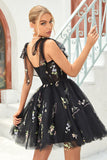 A Line Spaghetti Straps Black Short Graduation Dress with Appliques