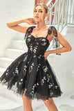 A Line Spaghetti Straps Black Short Graduation Dress with Appliques