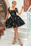 A Line Spaghetti Straps Black Short Graduation Dress with Appliques