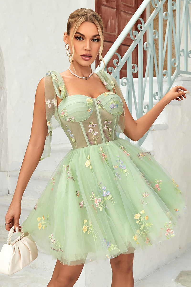 Load image into Gallery viewer, Cute A Line Spaghetti Straps Green Short Graduation Dress with Appliques