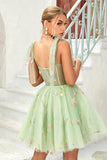 Cute A Line Spaghetti Straps Green Short Graduation Dress with Appliques