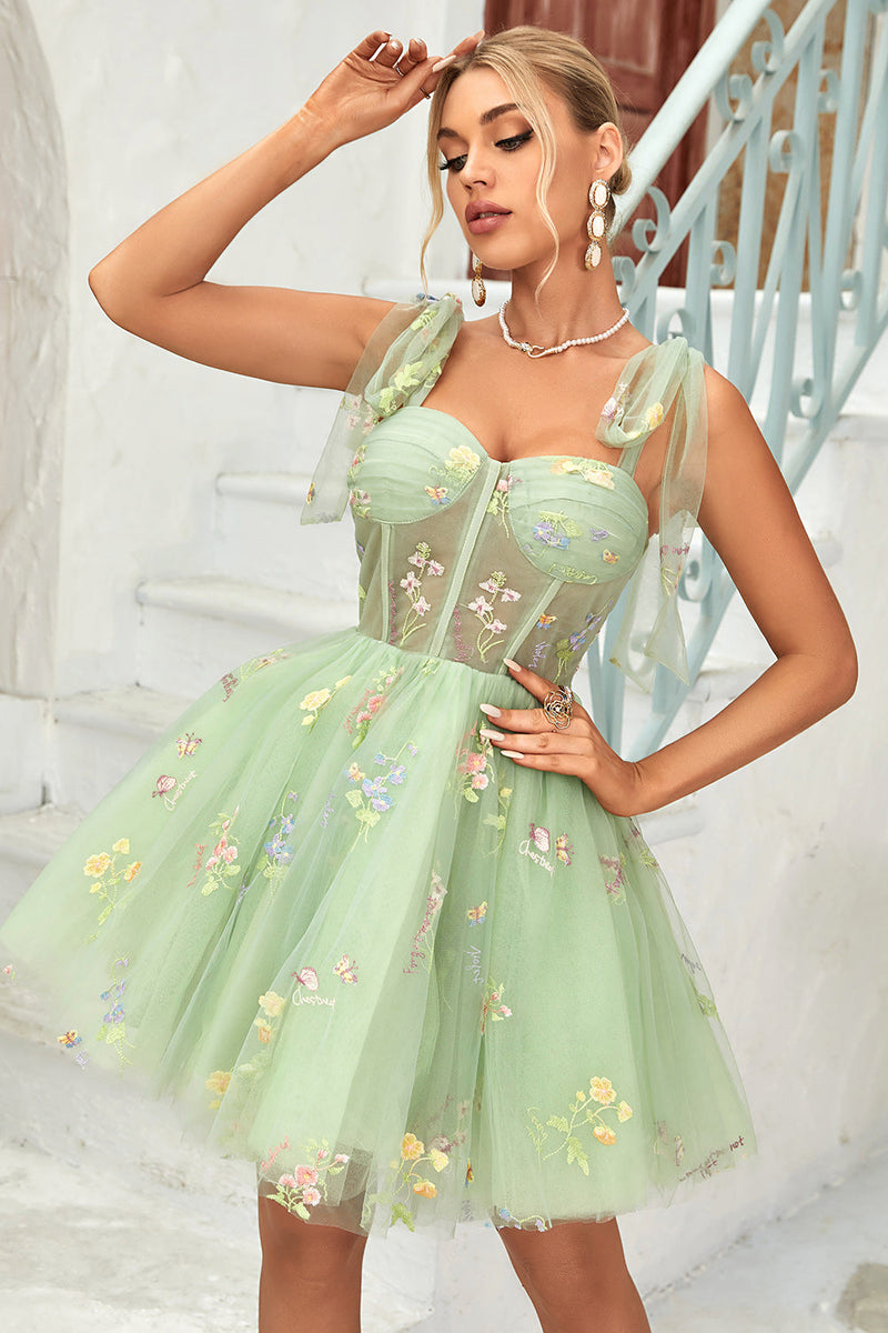 Load image into Gallery viewer, Cute A Line Spaghetti Straps Green Short Graduation Dress with Appliques