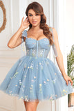 A Line Spaghetti Straps Black Short Graduation Dress with Appliques