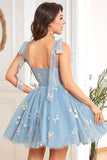 A Line Spaghetti Straps Black Short Graduation Dress with Appliques