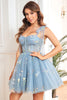 Load image into Gallery viewer, A Line Spaghetti Straps Grey Blue Short Graduation Dress with Embroidery