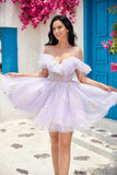 Cute A Line Lavender Off the Shoulder Corset Graduation Dress with Ruffles