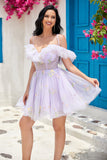 Cute A Line Lavender Off the Shoulder Corset Graduation Dress with Ruffles