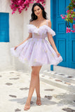 Cute A Line Lavender Off the Shoulder Corset Graduation Dress with Ruffles