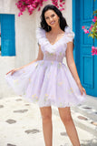 Cute A Line Lavender Off the Shoulder Corset Graduation Dress with Ruffles