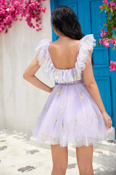 Cute A Line Lavender Off the Shoulder Corset Graduation Dress with Ruffles