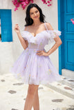 Cute A Line Lavender Off the Shoulder Corset Graduation Dress with Ruffles