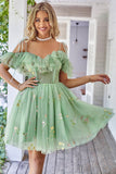 Off the Shoulder Ruffles Tulle Graduation Dress with Embroidery