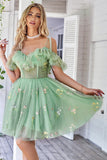 Off the Shoulder Ruffles Tulle Graduation Dress with Embroidery