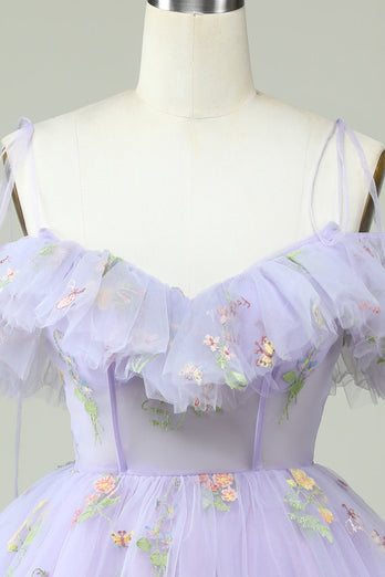 Lavender Off the Shoulder Corset Graduation Dress with Ruffles