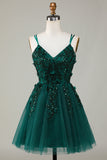 Stylish A Line Spaghetti Straps Dark Green Short Graduation Dress with Appliques Beading