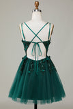 Stylish A Line Spaghetti Straps Dark Green Short Graduation Dress with Appliques Beading