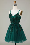 Stylish A Line Spaghetti Straps Dark Green Short Graduation Dress with Appliques Beading