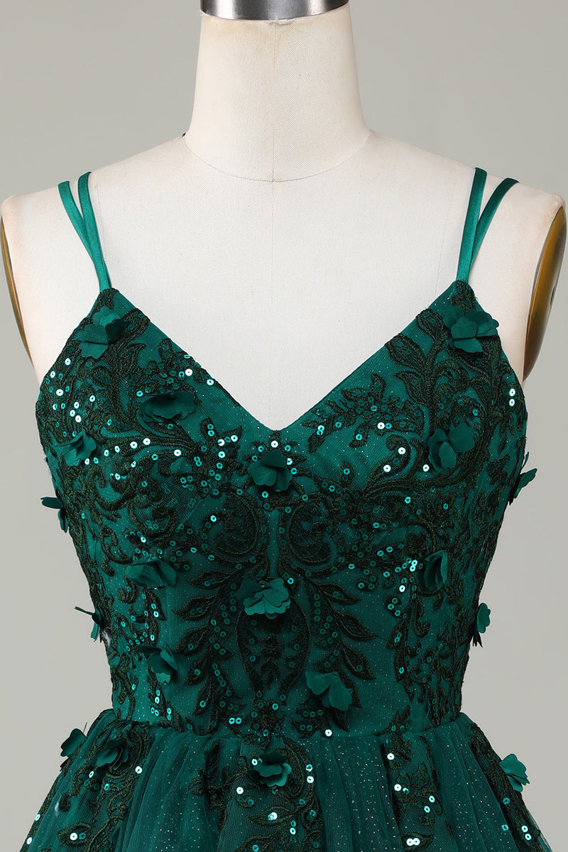 Load image into Gallery viewer, Stylish A Line Spaghetti Straps Dark Green Short Graduation Dress with Appliques Beading