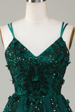 Stylish A Line Spaghetti Straps Dark Green Short Graduation Dress with Appliques Beading