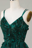 Stylish A Line Spaghetti Straps Dark Green Short Graduation Dress with Appliques Beading