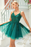 A Line Spaghetti Straps Dark Green Short Graduation Dress with Appliques Beading