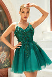 A Line Spaghetti Straps Dark Green Short Graduation Dress with Appliques Beading