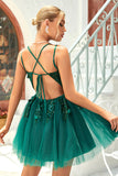 A Line Spaghetti Straps Dark Green Short Graduation Dress with Appliques Beading