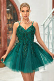 A Line Spaghetti Straps Dark Green Short Graduation Dress with Appliques Beading