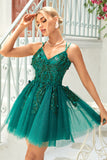 A Line Spaghetti Straps Dark Green Short Graduation Dress with Appliques Beading