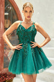 A Line Spaghetti Straps Dark Green Short Graduation Dress with Appliques Beading