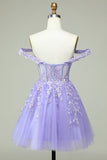 A Line Off the Shoulder Lilac Corset Graduation Dress with Appliques