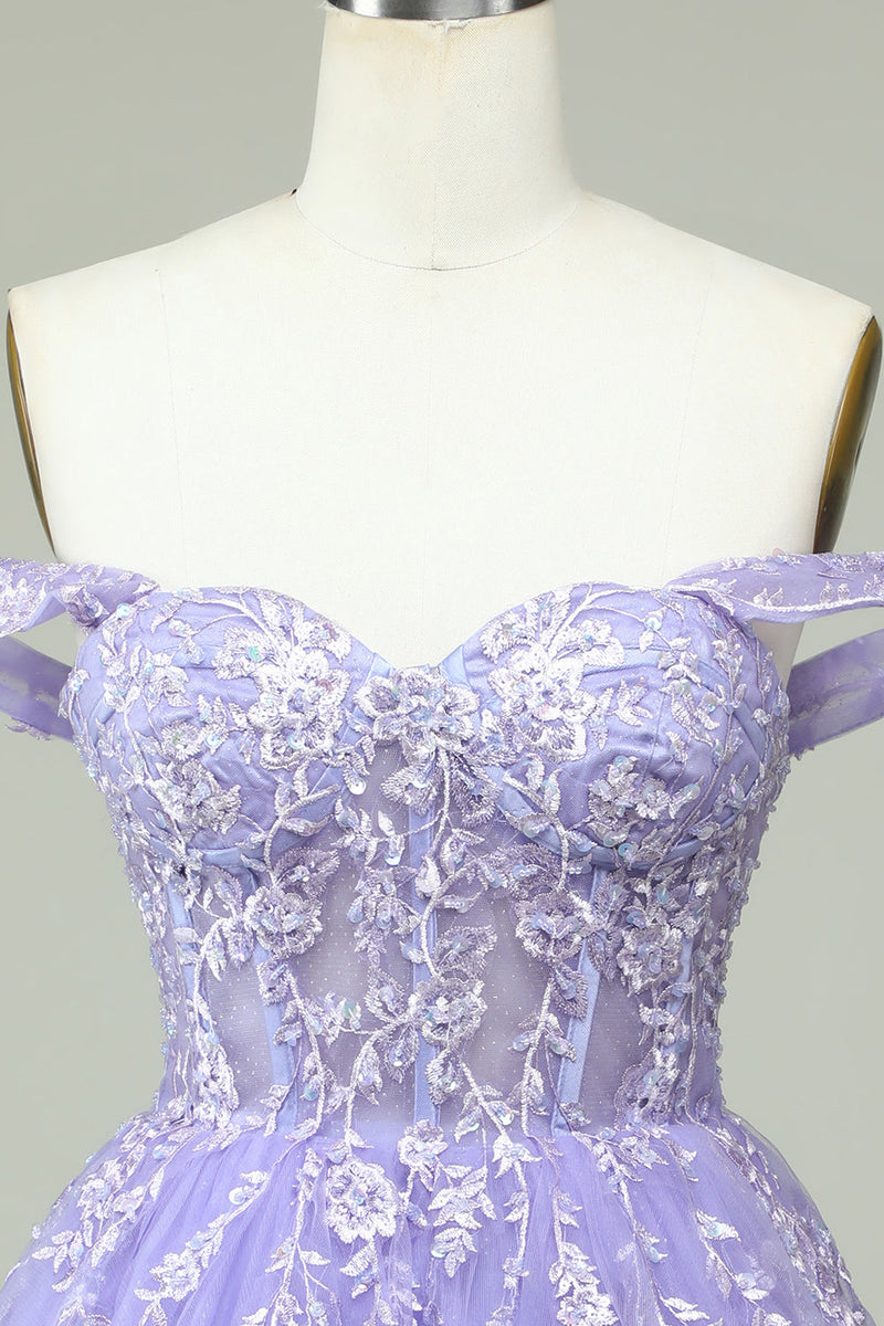 Load image into Gallery viewer, A Line Off the Shoulder Lilac Corset Graduation Dress with Appliques