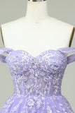 A Line Off the Shoulder Lilac Corset Graduation Dress with Appliques