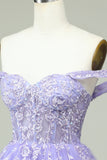 A Line Off the Shoulder Lilac Corset Graduation Dress with Appliques