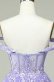 A Line Off the Shoulder Lilac Corset Graduation Dress with Appliques